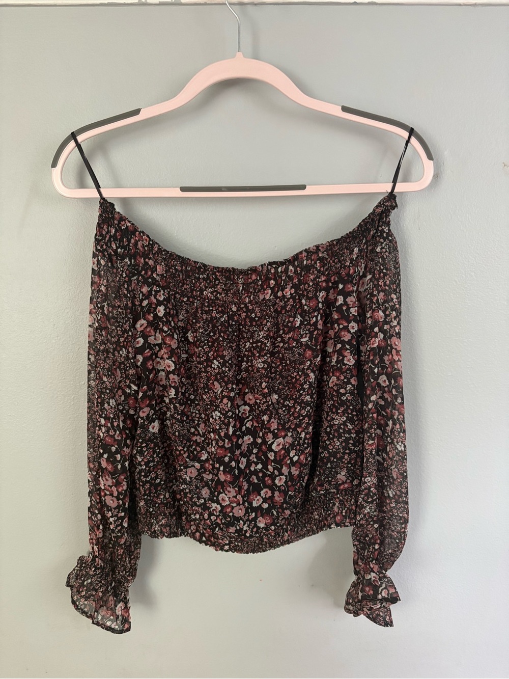 Abercrombie & Fitch Black Floral Off-Shoulder Blouse with Pink Accents